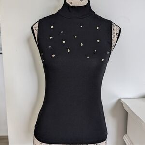 ZARA | Women's Black Mock Neck Jeweled Stretchy Sleeveless Tank Top